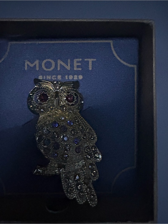 Monet Jewelry - Vintage Monet Owl Brooch with Purple and Gold Tones